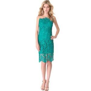 Marchesa Notte Teal Lace Cocktail Midi Dress $795